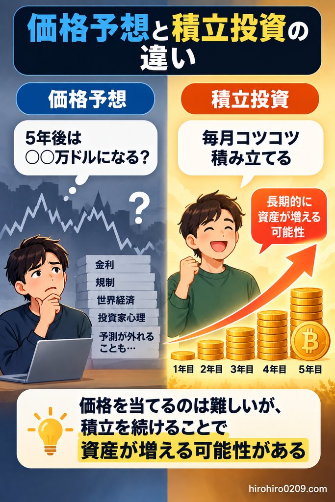 価格予想と毎月の積立投資の違いを比較し、長期積立の考え方を示した図解