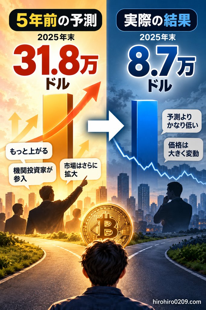 5年前に予測されたビットコインの2025年末31.8万ドルと実際の約8.7万ドルを比較した図解