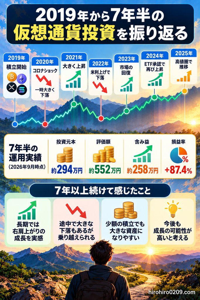 2019年から7年半の仮想通貨投資実績と長期積立を続けて感じたことをまとめた図解