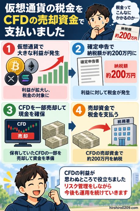 仮想通貨取引の利益で約200万円の税金が発生し、保有していたFTSE100 CFDの一部を売却して現金を確保し、その売却資金を納税に充てた実体験を4段階でまとめた図解