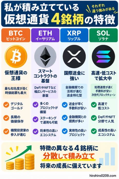 私が積み立てている仮想通貨4銘柄として、ビットコイン(BTC)、イーサリアム(ETH)、XRP、ソラナ(SOL)の特徴や用途の違いを比較した図解