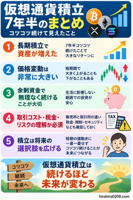 仮想通貨積立を7年半続けて分かったこととして、長期積立による資産の増加、価格変動の大きさ、余剰資金で続ける重要性、取引コスト・税金・リスクへの注意点をまとめた図解