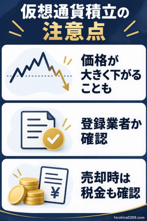 仮想通貨の積立を始める前に、価格の大幅な下落、登録業者の確認、売却時の税金に注意することを示した図解