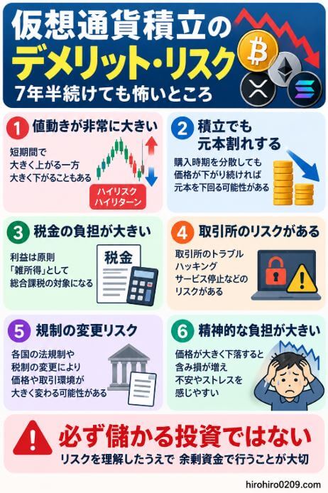 仮想通貨積立のデメリットとして、値動きの大きさ、元本割れの可能性、税金、取引所のトラブルやセキュリティ、規制変更、精神的な負担などのリスクをまとめた図解