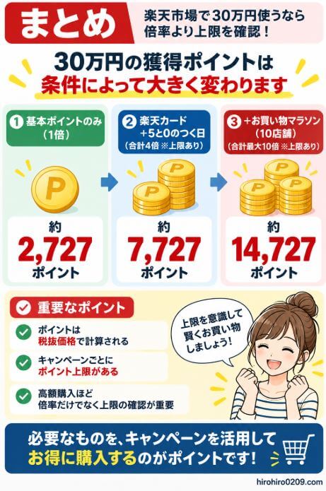 楽天市場で30万円使った場合の獲得ポイントを、基本ポイントのみ約2,727ポイント、楽天カードと5と0のつく日で約7,727ポイント、さらにお買い物マラソン10店舗で約14,727ポイントとして比較し、高額購入ではポイント倍率より上限確認が重要であることをまとめた図解