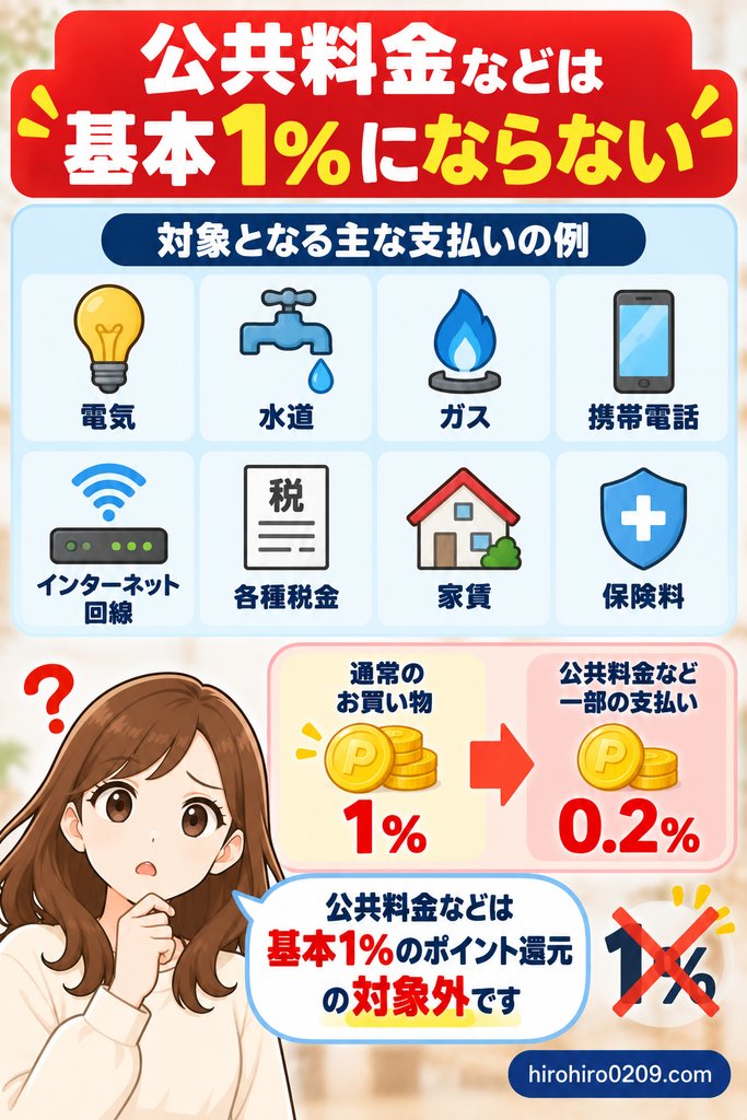 楽天カードは公共料金など一部の支払いでは基本1％還元にならず、主な公共料金は0.2％になることを解説する図解