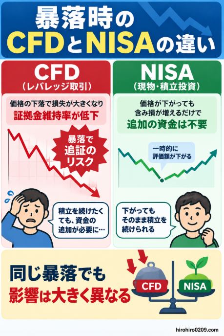 S&P500の暴落時にCFDとNISAへ与える影響を比較。CFDは証拠金維持率が低下し追証リスクがある一方、NISAは評価額が下落しても追加資金なしで保有を続けられる