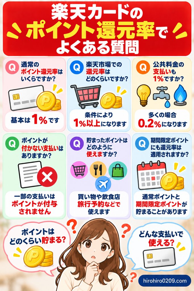楽天カードの基本還元率や楽天市場、公共料金、ポイント対象外の支払いなどポイント還元率に関するよくある質問をまとめた図解