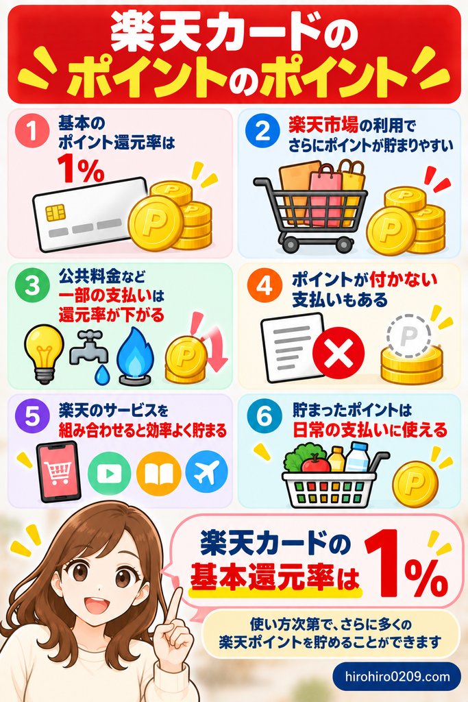 楽天カードの基本還元率は1％で、楽天市場や楽天サービスの活用、公共料金やポイント対象外の支払いなど注意点をまとめた図解