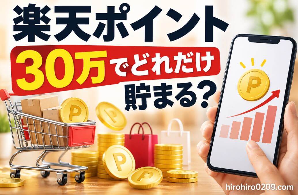 楽天市場で30万円使うと何ポイント貯まるのか、条件別にシミュレーションして解説する記事のアイキャッチ画像