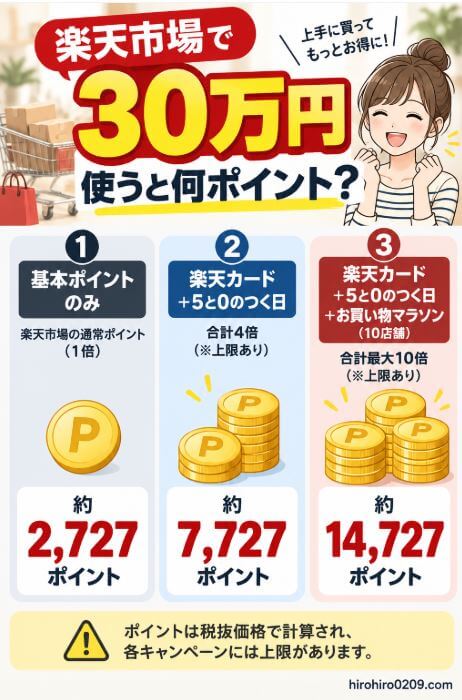 楽天市場で30万円使った場合の獲得ポイントを、基本ポイントのみ約2,727ポイント、楽天カードと5と0のつく日で約7,727ポイント、さらにお買い物マラソン10店舗で約14,727ポイントとして比較した図解