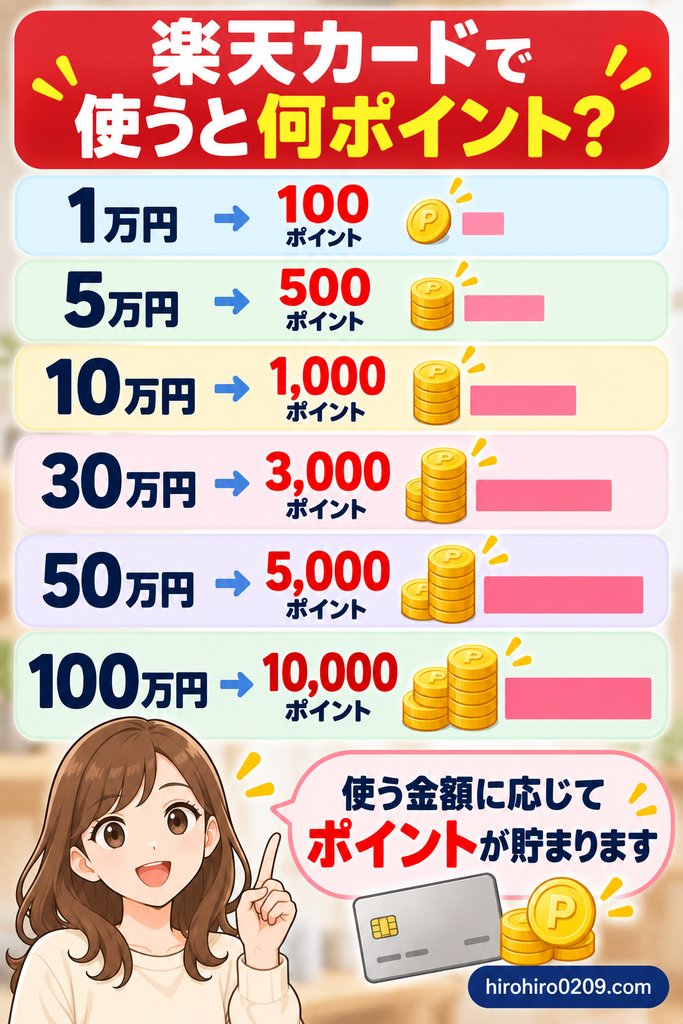 楽天カードを基本1％還元で1万・5万・10万・30万・50万・100万円使った場合に貯まるポイントを比較した図解