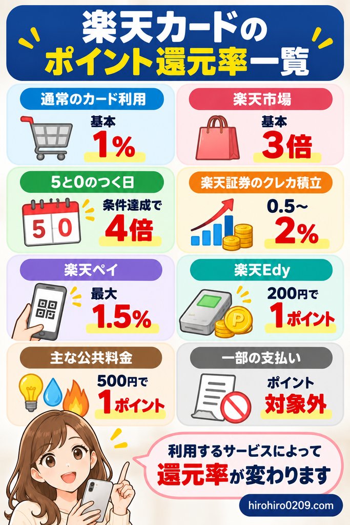 楽天カードのポイント還元率を通常利用、楽天市場、5と0のつく日、楽天証券、楽天ペイ、楽天Edy、公共料金など利用先別に比較した図解