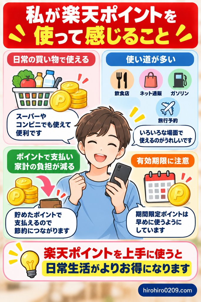 楽天ポイントを日常の買い物や飲食店、ネット通販などで使い、家計の負担軽減につなげる実体験をまとめた図解