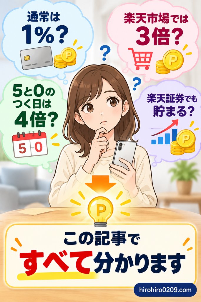 楽天カードのポイント還元率や楽天市場、5と0のつく日、楽天証券でのポイントの貯まり方を解説する記事の導入図