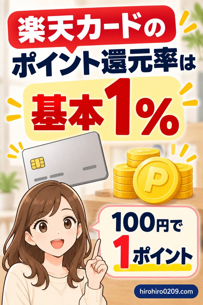 楽天カードのポイント還元率は基本1％で100円につき1ポイント貯まることを解説する図解