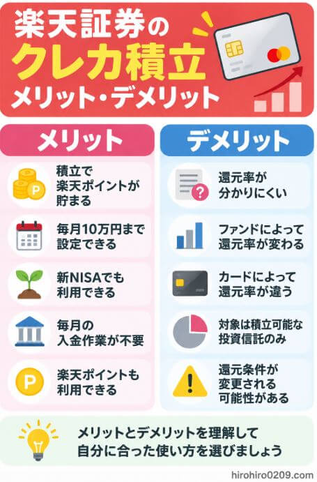 楽天証券クレカ積立のメリットとして楽天ポイントが貯まる、月10万円まで設定できる、新NISAでも利用できる点と、デメリットとして還元率がカードや投資信託によって異なる点などを比較した図解