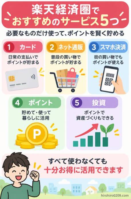 楽天経済圏でおすすめの5つのサービスとして、楽天カード、楽天市場、楽天ペイ、楽天ポイント、楽天証券を活用する方法をまとめた図解