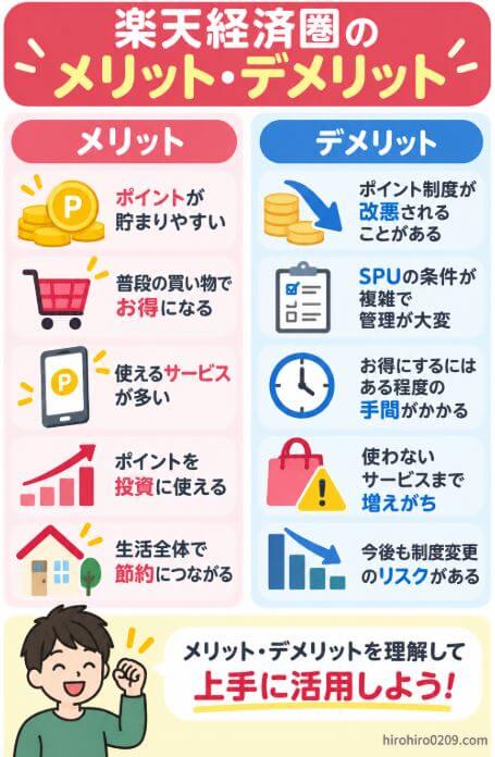 楽天経済圏のメリットとしてポイントの貯めやすさや生活費・投資への活用、デメリットとしてSPUの複雑さやポイント制度の変更、管理の手間などを比較した図解