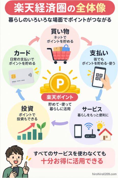 楽天経済圏の仕組みとして、買い物・支払い・サービス・投資を楽天ポイントでつなぎ、すべての楽天サービスを使わなくても活用できることを示した図解