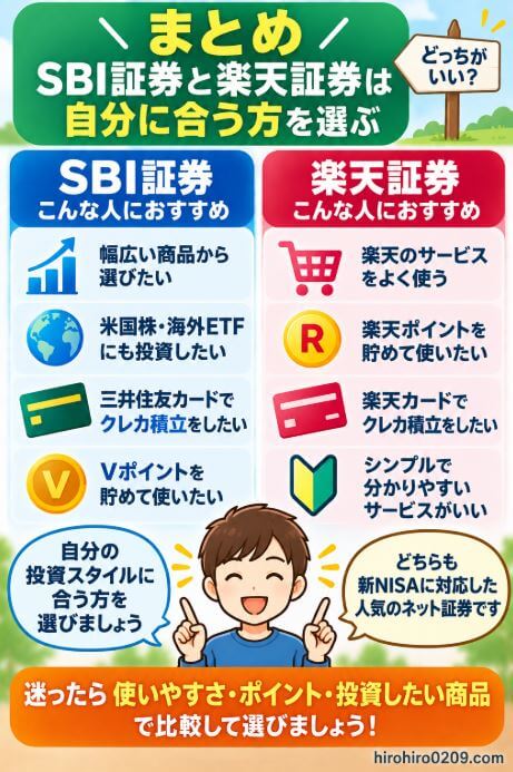 SBI証券と楽天証券の特徴を比較し、SBI証券は豊富な商品や米国株、三井住友カード、Vポイントを活用したい人、楽天証券は楽天サービスや楽天ポイント、楽天カードを活用したい人に向いていることをまとめた図解