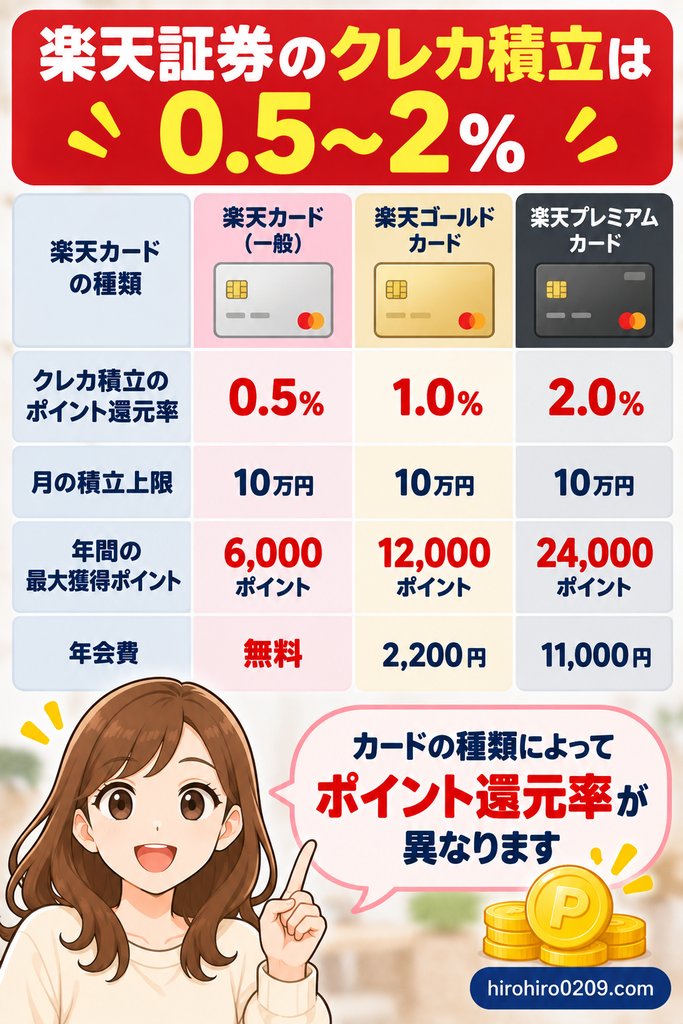 楽天証券のクレカ積立で楽天カードの種類によって0.5～2％のポイント還元率が異なることを比較した図解