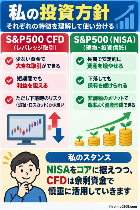 S&P500への今後の投資方針。NISAを長期資産形成の中心にしながら、S&P500 CFDは余剰資金でリスクを抑えて慎重に活用する考え方