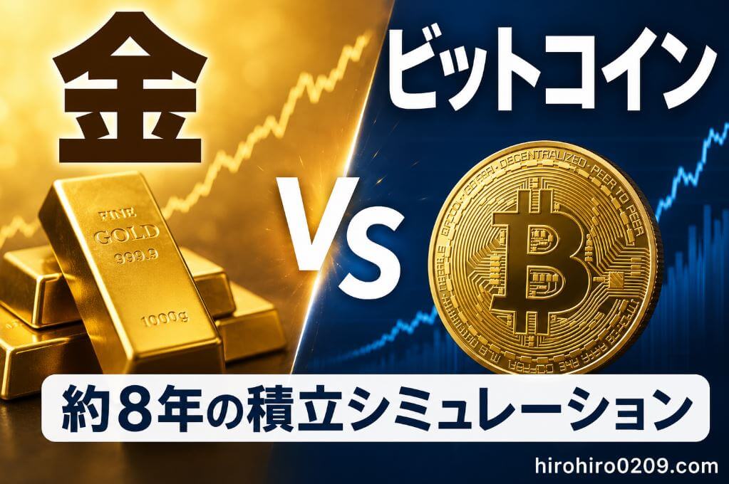 金とビットコインを左右に配置し、約8年間の積立シミュレーションで比較したイメージ画像。中央に「VS」、左に金の延べ棒、右にビットコインを表示。