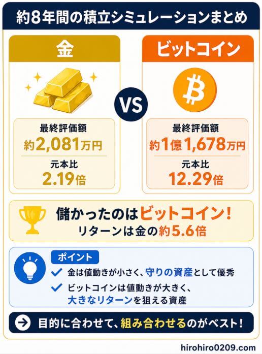 約8年間、毎月10万円を積み立てた金とビットコインのシミュレーション結果をまとめた図解。ビットコインは金を大きく上回るリターンとなった一方、金は資産を守る役割、ビットコインは高いリターンを狙う役割があり、目的に合わせて組み合わせる考え方を示している