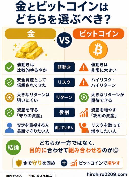 金とビットコインの特徴を比較した図解。金は値動きが比較的穏やかで資産を守る役割を持ち、安定を重視する人向け。ビットコインは値動きが非常に大きく高いリターンが期待できる一方、リスクも高い資産として紹介し、どちらか一方ではなく目的に合わせて組み合わせる考え方を示している