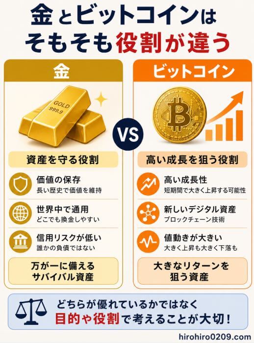 左側に金の延べ棒と「資産を守る」、右側にビットコインのコインと「成長を狙う」を配置し、金とビットコインは価格だけでなく資産としての役割が異なることを分かりやすく比較した図解