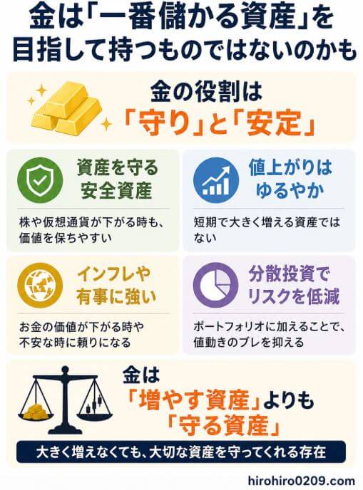 金は「一番儲かる資産」ではなく「守る資産」としての役割もあることを解説した図解。資産を守る安全資産、インフレや有事に強い、分散投資でリスクを低減といった特徴を示している
