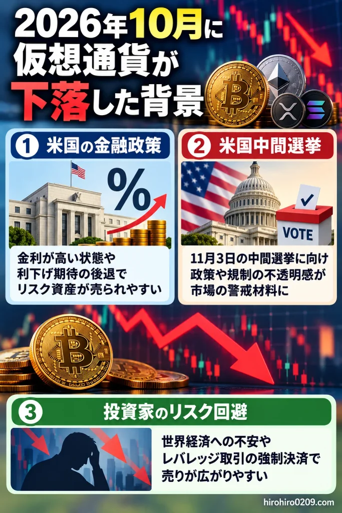 2026年10月に仮想通貨が下落した背景を解説する図解。米国の金融政策による金利動向、11月3日の米国中間選挙への警戒感、世界経済への不安やレバレッジ取引の強制決済による投資家のリスク回避を紹介