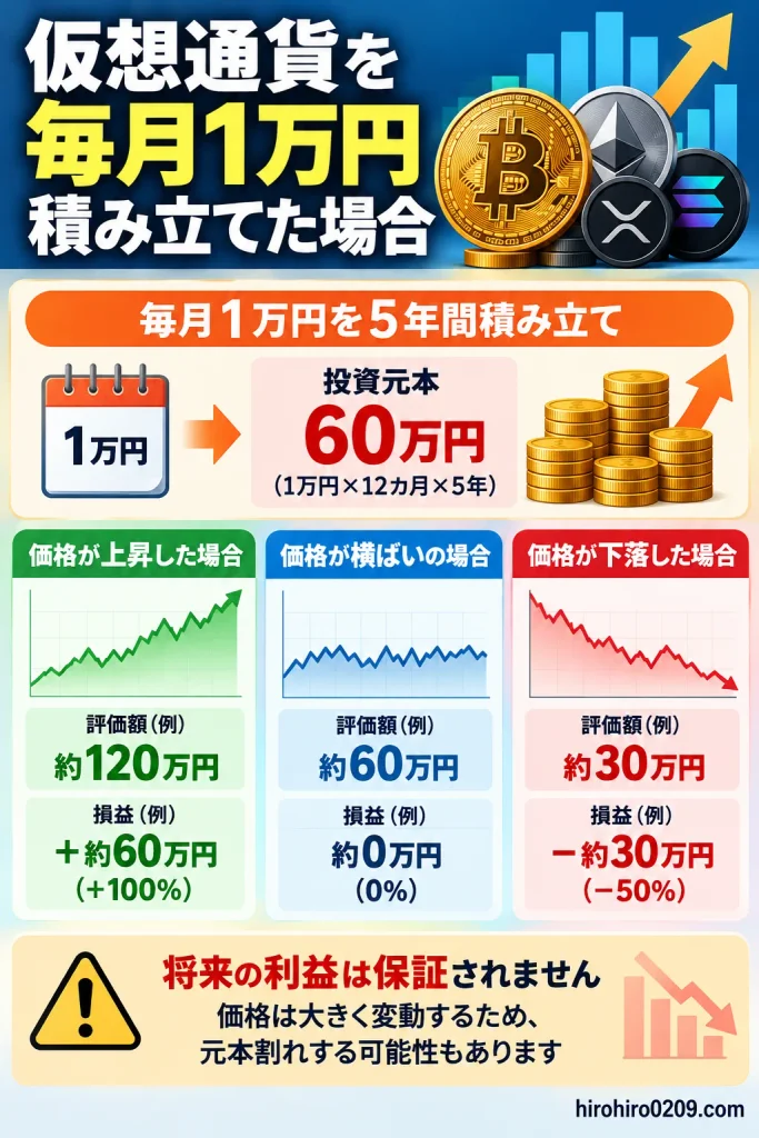 仮想通貨を毎月1万円、5年間積み立てた場合のシミュレーション図解。投資元本60万円に対し、評価額が120万円・60万円・30万円となる3つのケースを比較し、利益が保証されず元本割れの可能性があることを説明