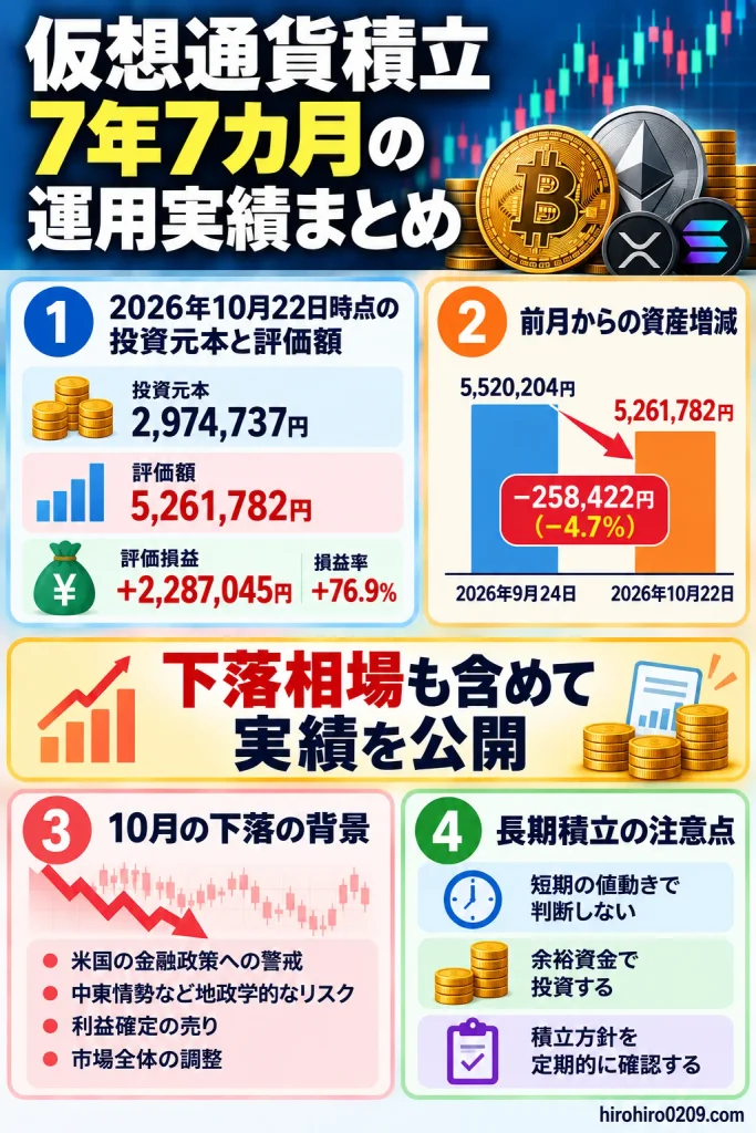 仮想通貨積立7年7カ月の運用実績まとめ。2026年10月22日時点の投資元本297万4,737円、評価額526万1,782円、評価損益プラス228万7,045円、損益率76.9％を紹介。9月24日からの資産減少25万8,422円と、下落の背景、長期積立の注意点を図解
