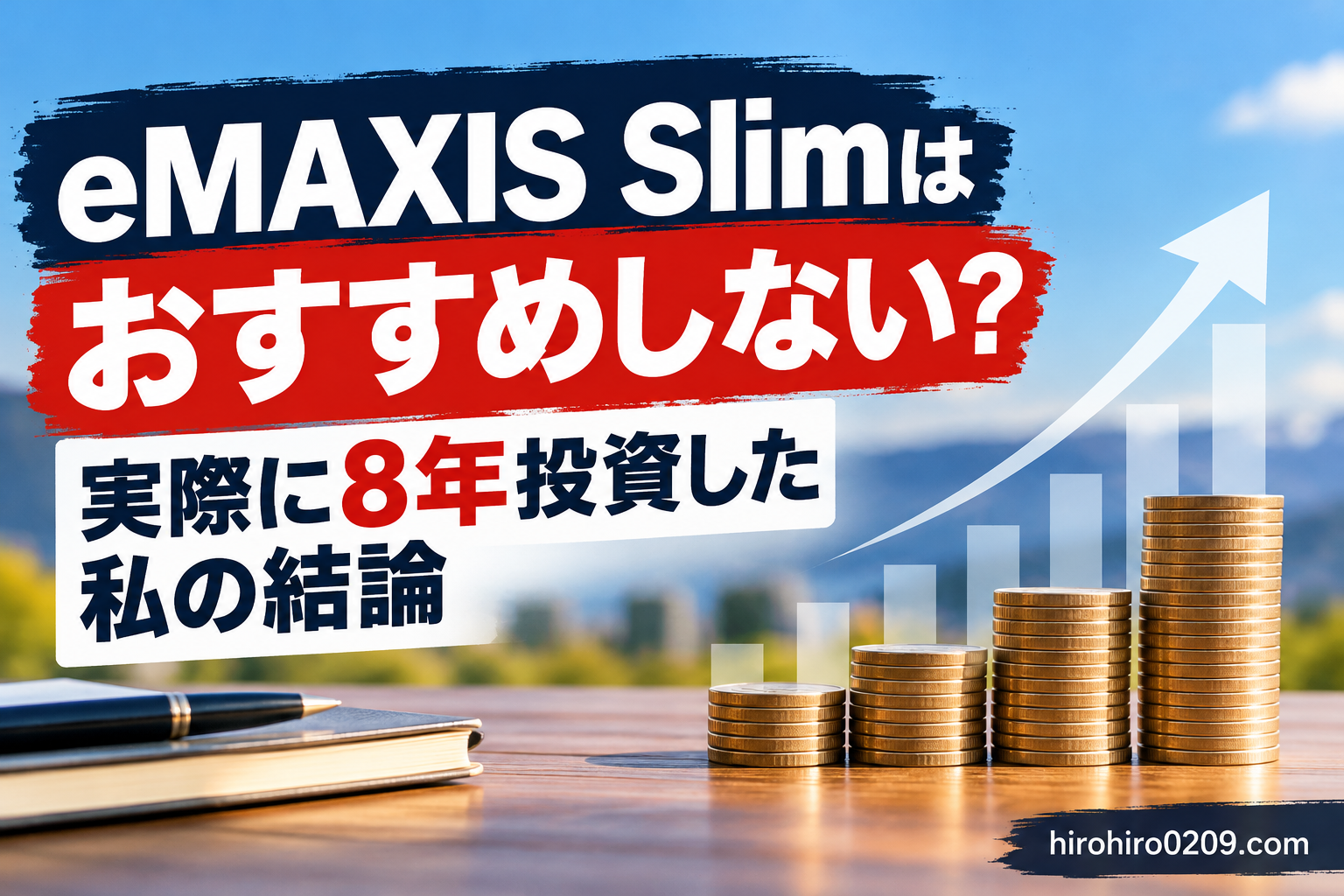 eMAXIS Slimはおすすめしないのか、実際に8年間投資した経験をもとに検証する記事のアイキャッチ画像。右側に積み上がるコインと上昇グラフを配置し、長期運用の実績と投資家としての結論を紹介