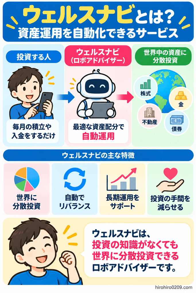ウェルスナビとは、資産配分やリバランスを自動化し、株式・債券・金・不動産など世界の資産へ分散投資できるロボアドバイザーであることをまとめた図解