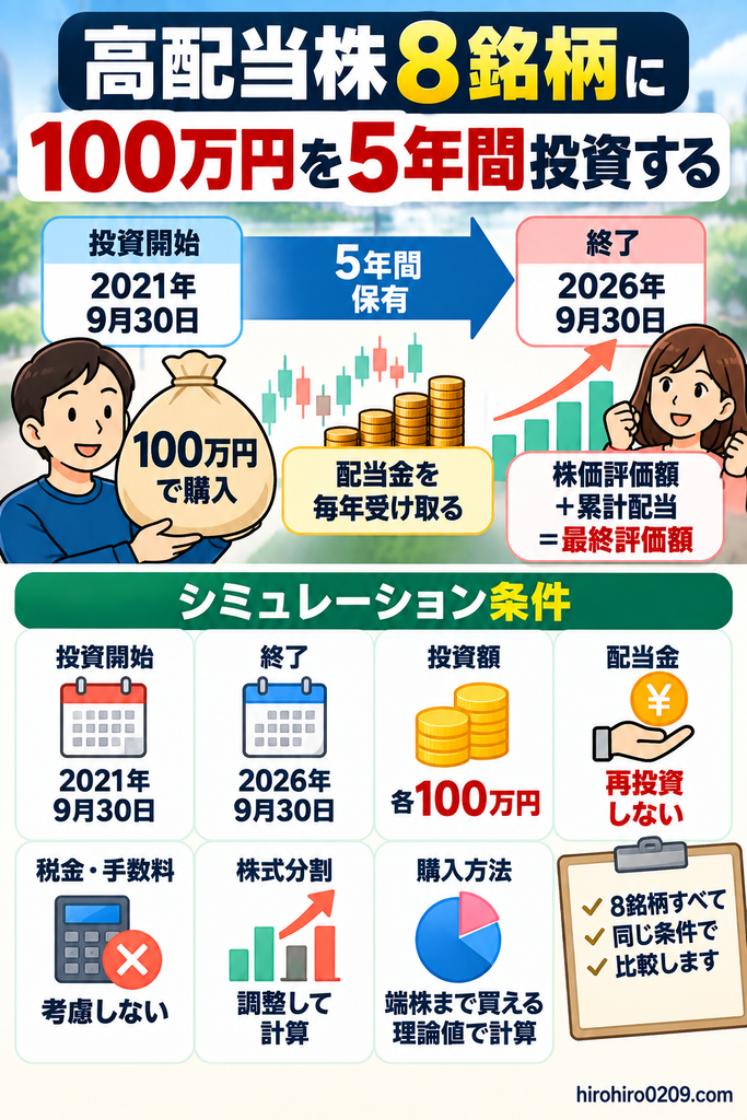 高配当株8銘柄に各100万円を2021年9月30日から2026年9月30日まで5年間投資し、配当再投資なしで株価評価額と累計配当を比較するシミュレーション条件の図解