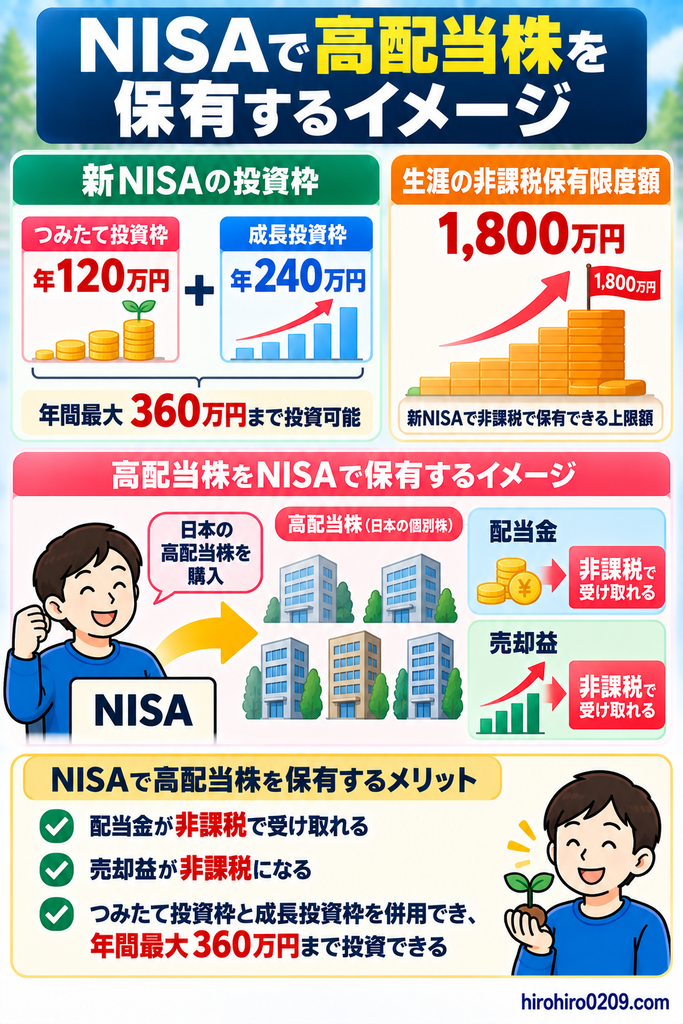 NISAで日本の高配当株を保有する場合について、つみたて投資枠年120万円、成長投資枠年240万円、年間最大360万円、生涯の非課税保有限度額1,800万円と、配当金や売却益を非課税で受け取れるメリットを示した図解