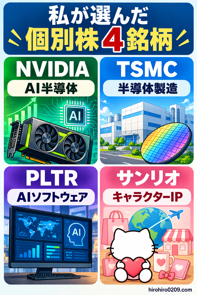 新NISAの成長投資枠で購入した個別株4銘柄を紹介する図解。NVIDIAはAI半導体、TSMCは半導体製造、PLTR（パランティア）はAIソフトウェア、サンリオはキャラクターIP事業として、それぞれの特徴をイラスト付きで比較