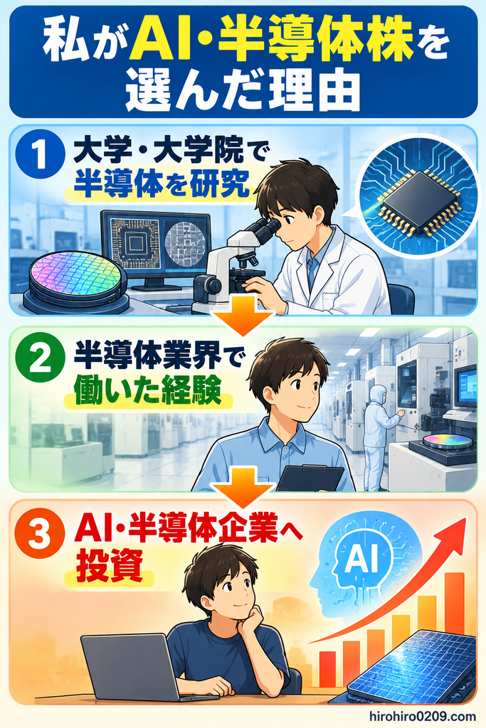 AI・半導体関連株を選んだ理由を紹介する図解。大学・大学院で半導体工学や製造プロセス、デバイス研究を学び、その後、半導体業界で働いた経験を経て、NVIDIAやTSMCなどのAI・半導体関連企業への投資を決めた経緯を3段階で説明