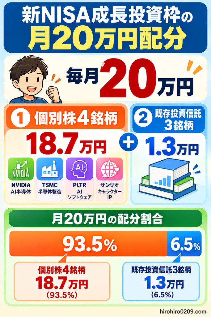 新NISA成長投資枠での月20万円の投資配分を示す図解。NVIDIA、TSMC、PLTR、サンリオの個別株4銘柄に月18.7万円（93.5％）、既存の投資信託3銘柄に月1.3万円（6.5％）を投資する計画を横棒グラフで比較