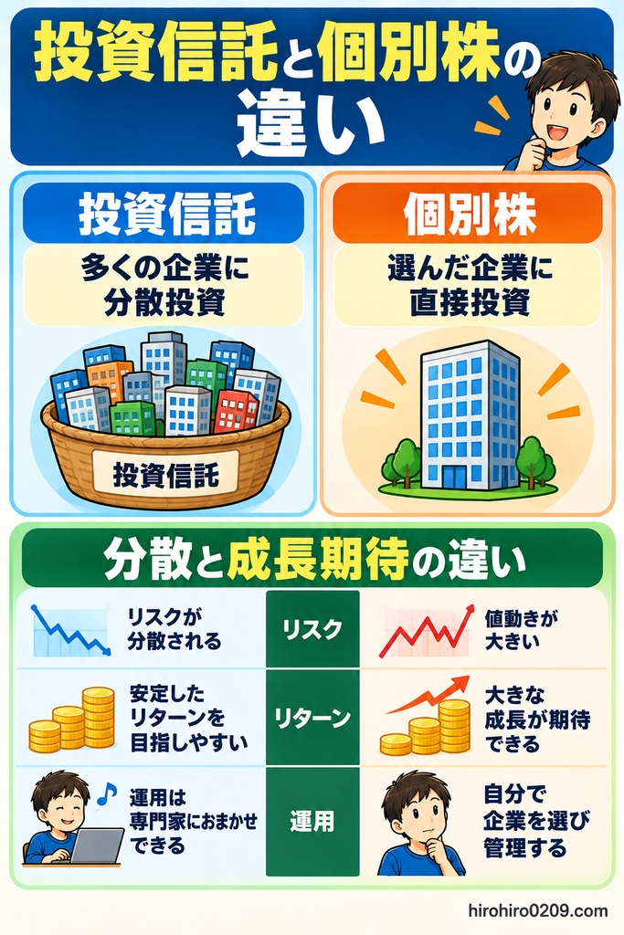 投資信託と個別株の違いを比較した図解。投資信託は多くの企業に分散投資でき、リスクを分散しながら運用できる一方、個別株は自分で選んだ企業に直接投資し、大きな成長を期待できる反面、株価変動リスクも大きいことをイラストで解説