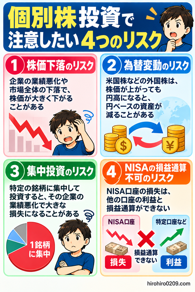 新NISAの成長投資枠で個別株を購入する際に注意したい4つのリスクを解説する図解。企業業績の悪化や市場下落による株価下落、円高による外国株の円換算評価額の減少、特定銘柄への集中投資による損失拡大、NISA口座の損失を特定口座などの利益と損益通算できない仕組みをイラストで紹介