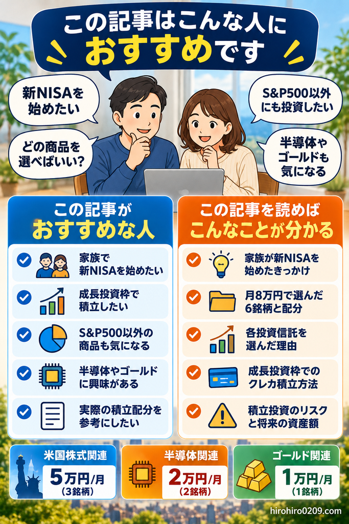 家族で新NISAを始めたい人や、成長投資枠での積立、S&P500・半導体・ゴールドへの投資に興味がある人向けの図解。この記事で分かる家族の投資開始のきっかけ、月8万円の積立配分、投資信託6銘柄の選定理由、クレカ積立の方法、投資リスクと将来の資産額を紹介。米国株式関連5万円、半導体関連2万円、ゴールド関連1万円の配分も掲載