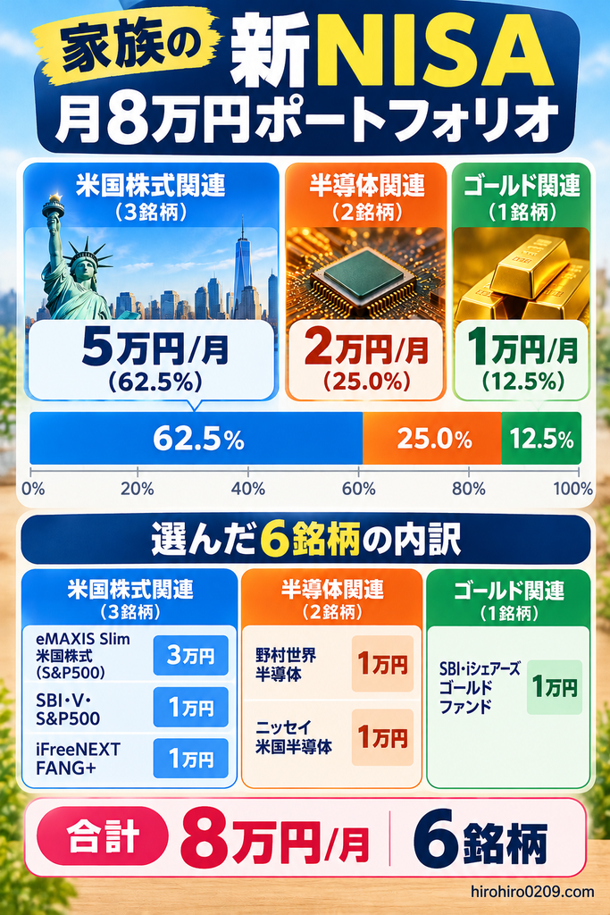 家族の新NISA成長投資枠での月8万円の積立ポートフォリオを示す図解。米国株式関連3銘柄に月5万円（62.5％）、半導体関連2銘柄に月2万円（25％）、ゴールド関連1銘柄に月1万円（12.5％）を配分。eMAXIS Slim米国株式、SBI・V・S&P500、iFreeNEXT FANG+、野村世界半導体、ニッセイ米国半導体、SBI・iシェアーズ・ゴールドファンドの6銘柄と構成比を紹介