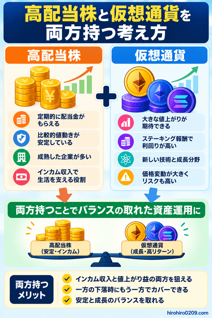 高配当株と仮想通貨の特徴を比較し、配当収入と成長性を生かして両方を保有する考え方を示した図解