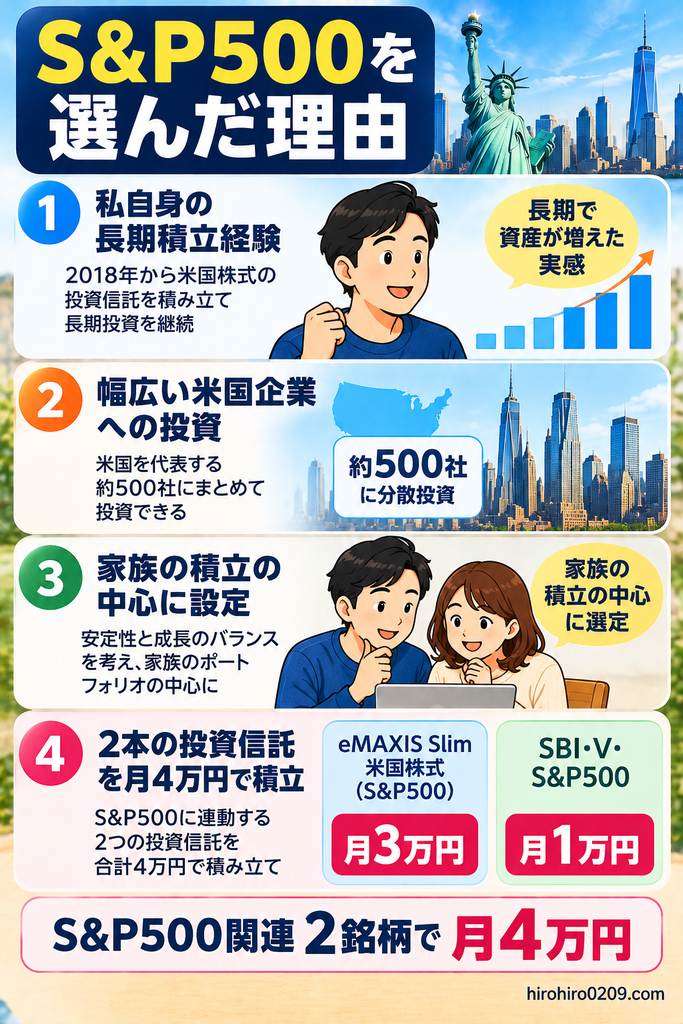 S&P500を家族の新NISA積立の中心に選んだ4つの理由を紹介する図解。2018年からの私自身の長期積立経験、米国の代表的な約500社への分散投資、家族の資産形成における中心的な投資先としての位置づけを解説。eMAXIS Slim米国株式（S&P500）に月3万円、SBI・V・S&P500に月1万円を設定し、S&P500関連の投資信託2銘柄に合計月4万円を積み立てる方針を紹介