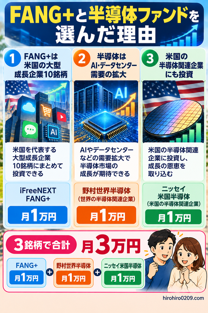 FANG+と半導体ファンドを選んだ理由を紹介する図解。iFreeNEXT FANG+は米国の大型成長企業10銘柄に投資し、野村世界半導体は世界の半導体関連企業、ニッセイ米国半導体は米国の半導体関連企業に投資。AIやデータセンターの需要拡大による成長を期待し、新NISA成長投資枠で3銘柄にそれぞれ月1万円、合計月3万円を積み立てる方針を紹介