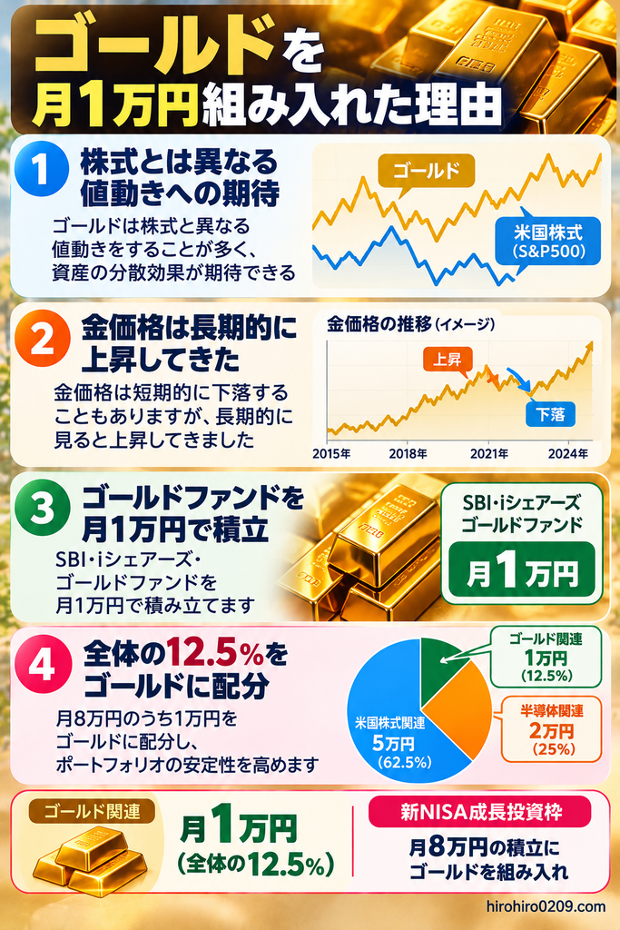 新NISAの成長投資枠でゴールドファンドを月1万円組み入れた4つの理由を紹介する図解。株式とは異なる値動きによる分散効果への期待、金価格の長期的な上昇傾向と短期的な下落リスク、SBI・iシェアーズ・ゴールドファンドへの積立を解説。家族の月8万円のポートフォリオのうち、米国株式関連5万円（62.5％）、半導体関連2万円（25％）、ゴールド関連1万円（12.5％）という配分も紹介